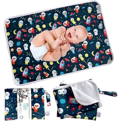 Flockthree Waterproof Baby Changing Pad with Storage Bag (43.3" X 28.7") Washable Wipeable Reusable Leak Proof Diaper Travel Mat Station Changing Mattress Liner Cribs Bed Cover, Aircraft