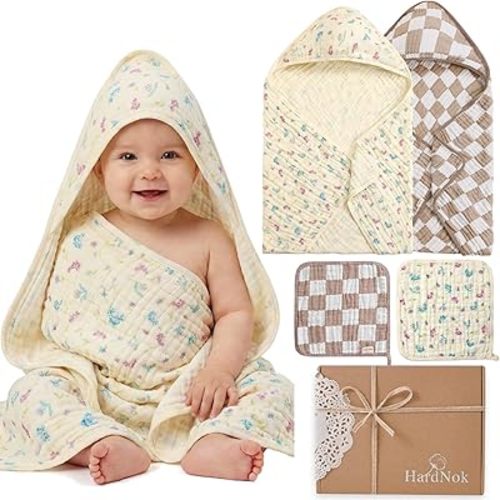 4-Piece Muslin Baby Towel Set - Made with Organic Cotton, (2) 6-Layer 32x32 Towels & (2) Washcloths, Bath, Beach & Pool Gift Set (Earthy Botanicals)