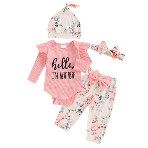 Hello World Newborn Outfit Baby Girl Going Home Outfit Ruffle Ribbed Romper Top Floral Pants Set Cute Summer Clothes