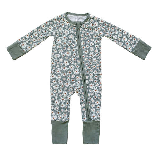 Ribbed Bamboo Zipper Pajama - Dark Green Daisy | The Baby Cubby