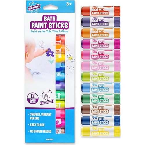Tub Works® Bath Paint Sticks™ Bath Toy, 12 Count | Nontoxic, Washable Bathtub Paint for Kids & Toddlers | Twistable Sticks Draw Smoothly on Tub Walls | Smooth, Vibrant Alternative to Bath Crayons