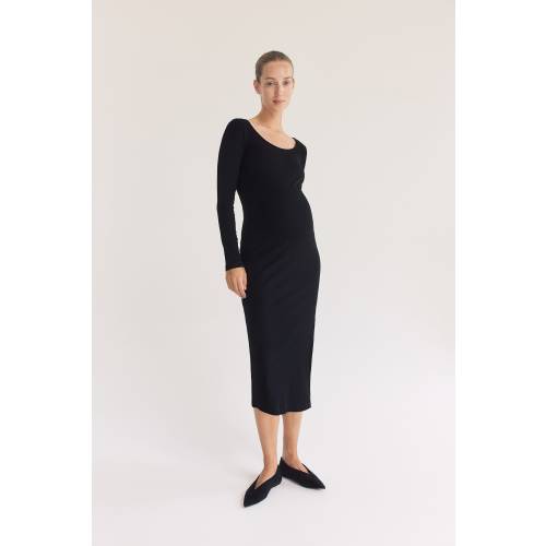 MAMA Ribbed Bodycon Dress, V-neck, Long sleeve, Black