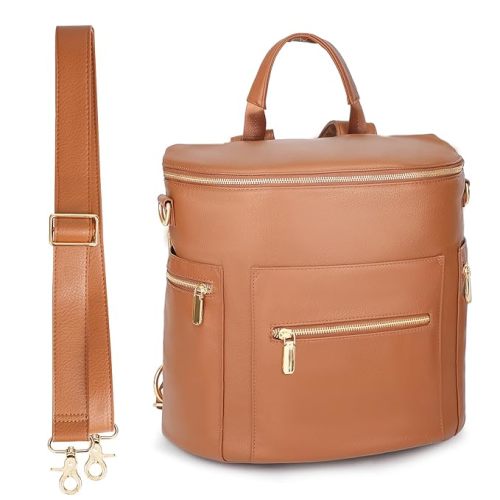 miss fong Diaper Bag Backpack Baby Diaper Bag, Large Leather Diaper Bag Backpack with Changing Pad,Pañaleras Para Bebe for Moms, Stroller Straps, and 2 Insulated Pockets(Convertible, Brown)