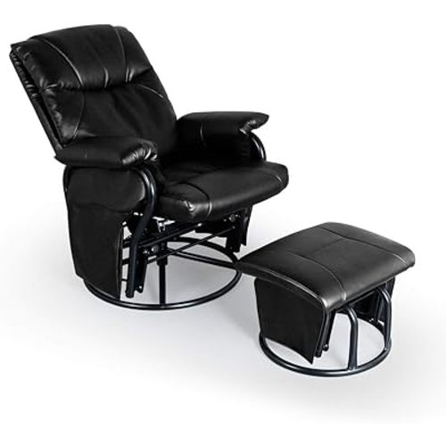 AODAILIHB Glider Chairs Rocking Chair with Ottoman 360° Swivel Chair PU Leather Upholstered Armchair Lounge Chair Sliding Chair Set (Black)