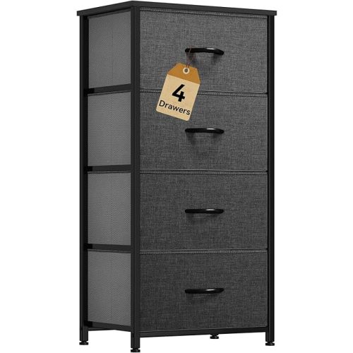 DWVO Storage Tower with 4 Drawers - Fabric Dresser, Organizer Unit for Bedroom, Living Room, Closets - Sturdy Steel Frame, Easy Pull Fabric Bins & Wooden Top