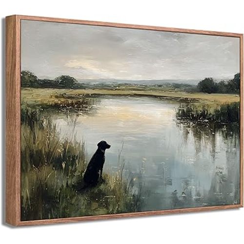 Framed Vintage Black Labrador Wall Art Farmhouse Landscape Canvas Poster Print Hunting Black Dog Picture Retro Animal Painting Artwork Wall Decor for Bedroom Living Room Bathroom 16x24in