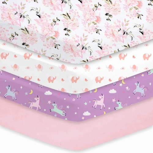 Little Grape Land Crib Sheets for Baby Girls 4 Pack, 28"x 52" Extra Soft Microfiber Crib Sheet Set for Standard Crib & Toddler Mattress Pad, Floral & Elephant & Unicorn & Pink