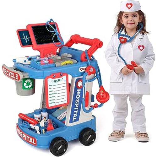 Liberry Doctor Kit for Toddlers Ages 2 3 4 5, Pretend Kids Doctor Playset with Cart, Costume and Stethoscope, Role Play Medical Toys Gift Birthday Christmas for Girls Boys (Blue)
