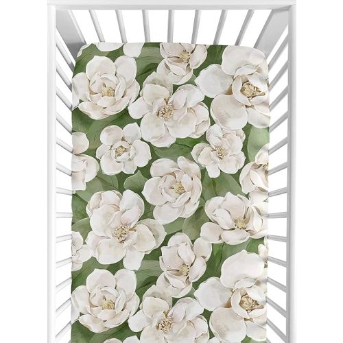 Sweet Jojo Designs Sage Green Boho Flower Floral Girl Baby Fitted Crib Sheet Infant Newborn Nursery Toddler Bed Room Standard Mattress Ivory Shabby Chic Bohemian Watercolor Garden Nature Modern