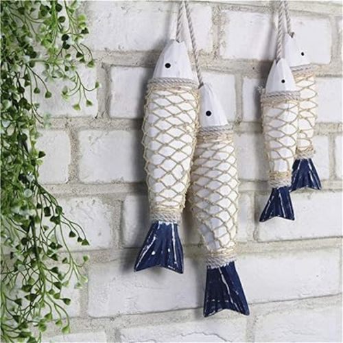 Antique Wood Fish Vintage Decor Ornament Wall Hanging Hand Carved Wooden Fish Decorations for Home Nautical Theme 2 Pieces