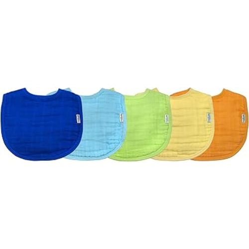Muslin Bibs made from Organic Cotton (5 pack)| 4 absorbent layers protect from sniffles, drips, & drools | 100% Organic cotton muslin, Adjustable snap closure, Machine washable