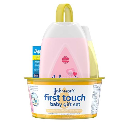 Johnson's First Touch Baby Gift Set, Baby Bath, Skin & Hair Essential Products, Kit for New Parents with Wash & Shampoo, Lotion, & Diaper Rash Cream, Hypoallergenic & Paraben-Free, 4 items - Small