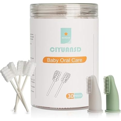 Baby Tongue Cleaner Baby Toothbrush 30Pcs Disposable Infant Toothbrush Clean Baby Mouth with 2Pcs Finger Toothbrush Baby Oral Cleaning Stick Gauze Cleaner Stick Dental (Green, 32 Piece Assortment)