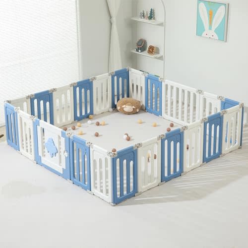 Baby Play Pen, 22 Panels Extra Large Baby Playpen, Foldable Play Pens for Babies and Toddlers, UFO Portable Baby Fence, Baby Gate Playpen, Baby Play Yard, Blue