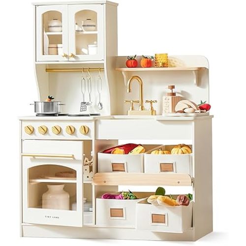 Tiny Land Play Kitchen for Kids, Wooden Play Kitchen with Toy Storage System, Toy Kitchen Set with Plenty of Play Features, Kids Play Kitchen Designed, Gift for Ages 3+