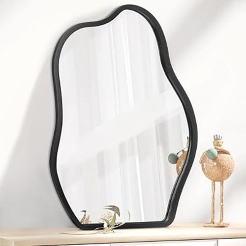 Asymmetrical Wall Mirror with Wood Frame Irregular Modern Hanging Mirror for Wall for Vanity Living Room Bedroom Bathroom Entryway Hallway Modern Unique Decorative Artistic Mirror