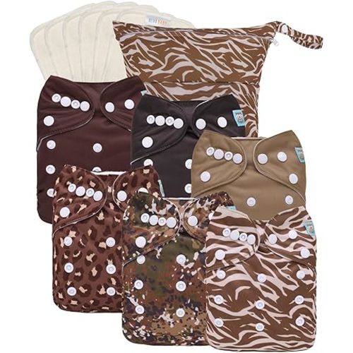 ALVABABY 2.0 AWJ Lining Cloth Diaper with Tummy Panel for Babies,6 Pack Diapers and 6 Inserts with One Wet Dry Bag, Adjustable Washable Reusable for Baby Girls and Boys 6WJT06A-L