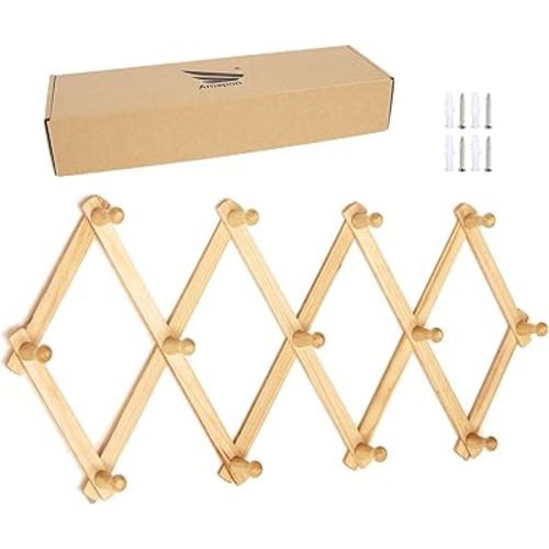AMAPON Accordion Style Expandable Wall Wooden Coat Rack 13 Hooks (Pegs) Hang Hats Jackets Coffee Mug Purses Necklaces Towels Cap Leash Scarves Data Line Kitchenware (2 Packs)