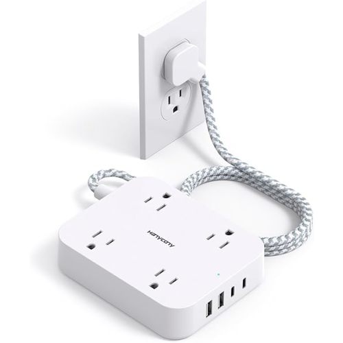 Flat Plug Extension Cord, 5ft Power Strip with 4 USB Ports(2 USB C), 4 Widely Outlets Extender, Wall Mount, Desk Charging Station for Office, School, Travel and Dorm Room Essentials, ETL Listed