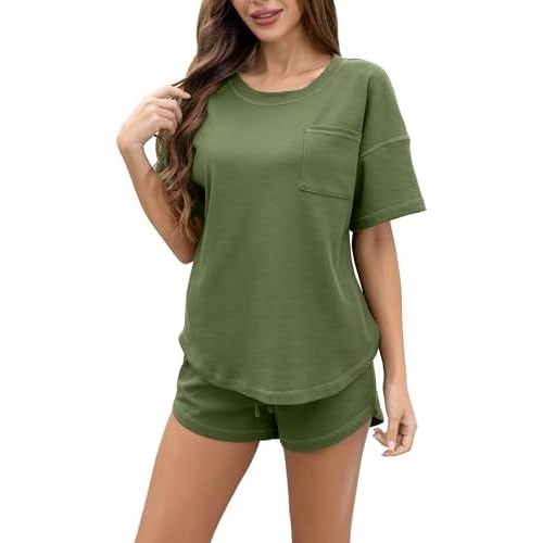 KCW Pajamas for Women Set 2 Piece Cotton Lounge Sets Short Sleeve Top and Shorts Pj Set Sleepwear Outfits