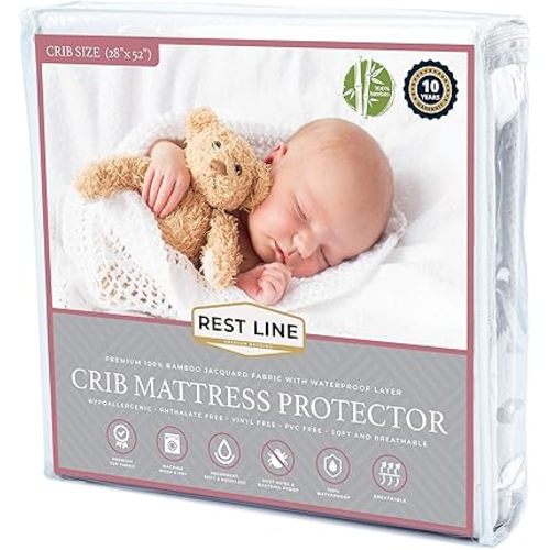 Restline Crib Bamboo Jacquard Mattress Protector Waterproof Baby (Crib) Size.Fitted Sheet Style, 28 x 52” Bassinet Mattress.Soft Bamboo Crib Mattress Protector Pad,Topper and Infant, 6 to 8 inch deep