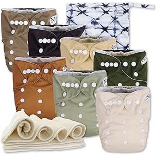 Nora's Nursery Cloth Diapers 7 Pack with 7 Inserts & 1 Wet Bag - Waterproof Cover, Washable, Reusable & One Size Adjustable Pocket Diapers for Newborns and Toddlers - Down to Earth
