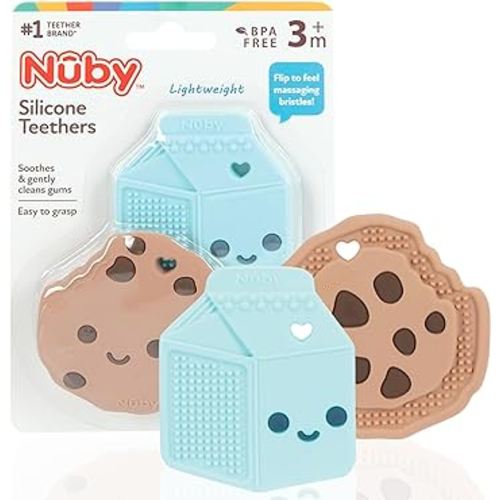 Nuby All Silicone Chocolate Chip Cookie & Milk Carton Teether – 2 Pack, 3+ Months