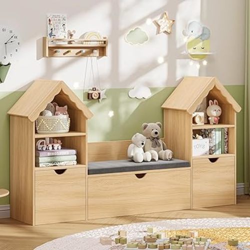 Vabches Castle Shape Children's Bookshelf, Kids Toy Storage Organizer with 3 Movable Drawers and Seat Cushion, Multifunctional Storage Cabinet Bookshelf for Playroom, Nursery, Bedroom, Oak