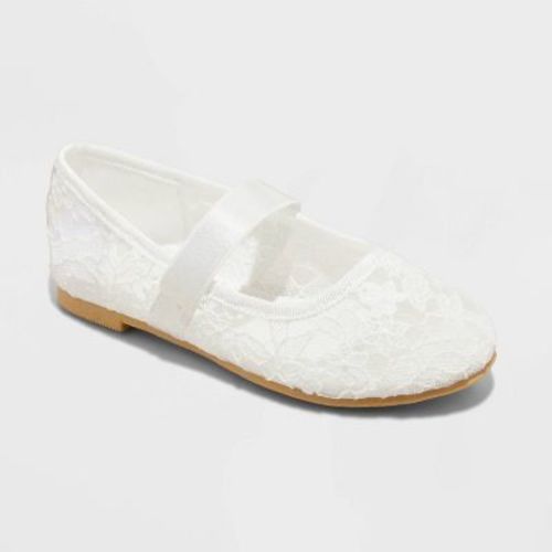 Toddler Girls' Celeste Lace Ballet Flats - Cat & Jack™ White 7T: Slip-On, Adjustable Elastic Strap, Closed Round Toe, Medium Width