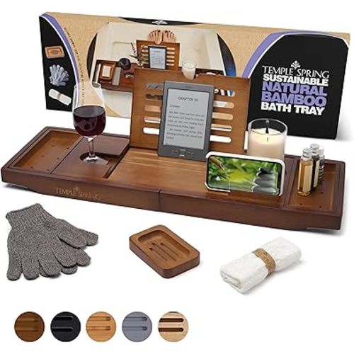 Temple Spring Bathtub Caddy Tray - Extendable Bath Tray for Bathtub with Candle, Wine Glass, Book, Pad & Phone Holders - Adjustable Bathtub Tray Over tub w/Bathroom Accessories - Wood Brown