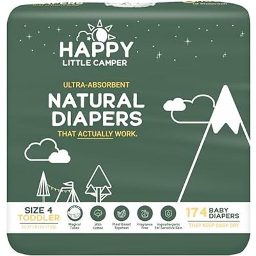 Happy Little Camper Ultra-Absorbent Natural Baby Diapers Size 4 - Hypoallergenic & Chlorine-Free Disposable Diapers Safe for Sensitive Skin - Unscented Toddler Diapers - 174 Count