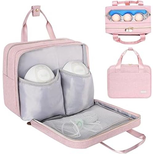 Wearable Breast Pump Bag with Cooler Compartment, Breast Pump Travel Bag Compatible with Elvie, Momcozy S12 Pro, Willow & Medela Pump, Carrying Case for Breast Pump and Accessories, Pink