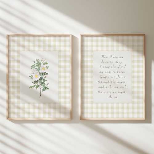 Christian Nursery Set of 2, Bedtime Prayer Printable, Neutral Baby Room Decor, Vintage Rose Floral Poster, Gingham Cottagecore Wall Art