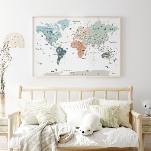 Scandinavian Neutrals Educational World Map | Boho Kids Wall Art | Kids World Map | Nursery Decor Travel Print | World Map Home Decor