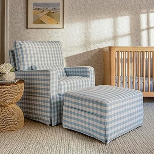 Namesake Crawford Gliding Ottoman in Blue Gingham, Greenguard Gold & CertiPUR-US Certified