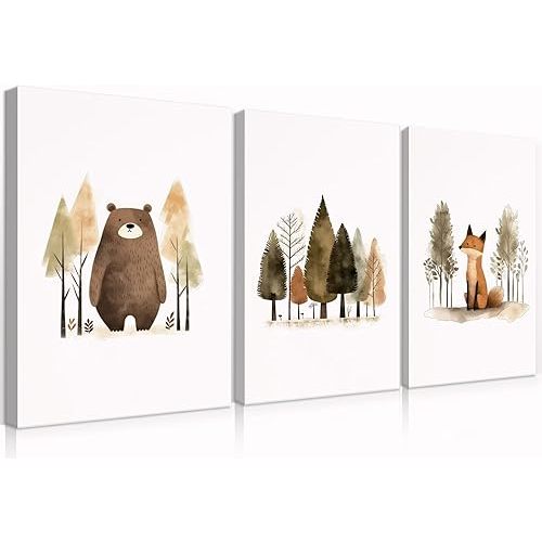 QMWIDKL Woodland Nursery Canvas Wall Art Jungle Wild Animals Pictures Wall Decor Cute Forest Bear Fox Paintings Prints Artwork For Girls Boys Kids Baby Room Woodsy Theme Watercolor(12x16 inch)