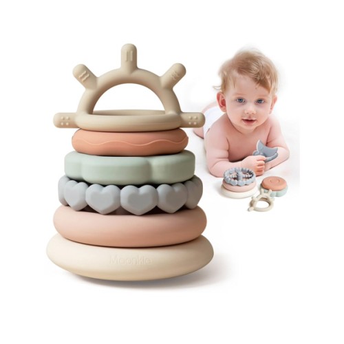Moonkie Stacks of Circles Soft Teething Toy | Educational Learning Baby Toy | Stacking Ring Toys for Babies Boy and Girl | 7 Piece Teethers Set