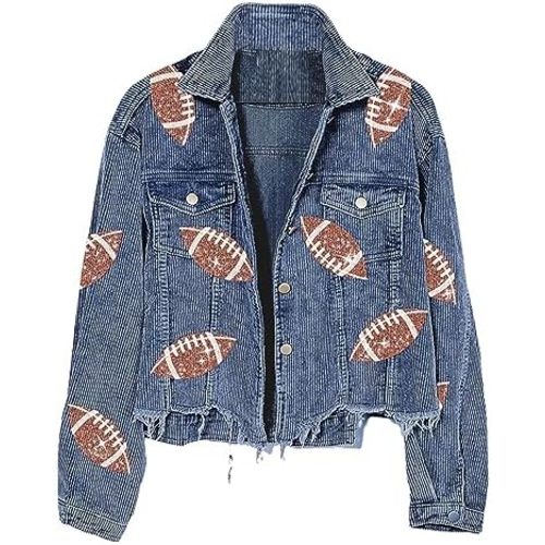 Xunger Women’s Football Corduroy Sequin Jacket Cropped Distresses Rugby Patched Shacket Coat