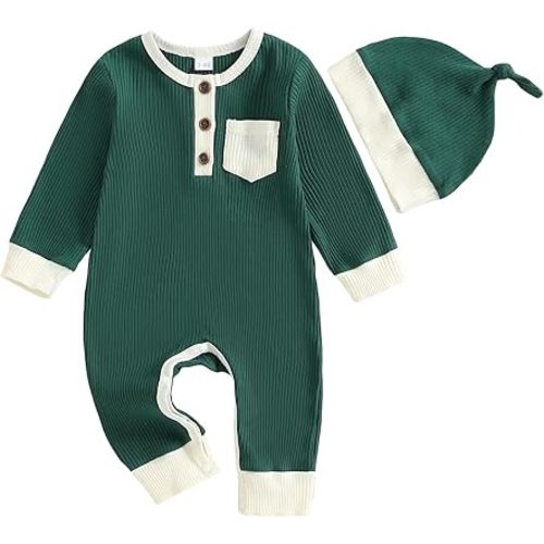 fhutpw Newborn Baby Boy Clothes Ribbed Knit Bodysuit 3 6 Months Infant Fall Long Sleeve Splicing Color Romper Jumpsuit & Hat