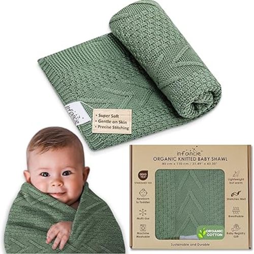 Organic Cotton Baby Blanket - 31.5 x 43.3 Inches, Soft Knitted Crib Blanket for Boys & Girls, Breathable Design (Green)