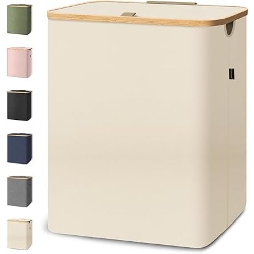 BALEINE Laundry Hamper with Lid, Tall Laundry Baskets with Bamboo Pull Handles, Large Laundry Bin with Internal Support (40 Gallon, Beige)