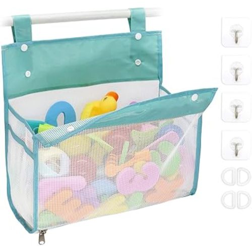 Bath Toy Organizer Multiple Ways to Hang, Extra Large Opening Bathroom Toy Holder, Bottom Zipper Bathtub Toy Storage Bag (Blue)