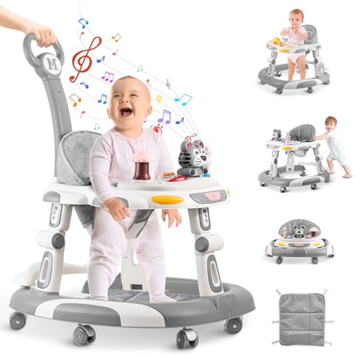 Baby Walkers, 5-in-1 Height Adjustable Baby Walker with Wheels, Foldable Walker for Baby and Baby Activity Center with Music &Toys Tray, Infant Toddler Baby Walker for Boys and Girls 6-24 Months(Grey)