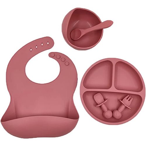 Silicone Baby Plate Feeding Bowl Set 6 Pack Feeding Supplies For Toddler Utensils Silicone Feeding Set With Bib, Spoons, Bowl, Baby Plate Dishwasher-safe Feeding Kit (set-red)