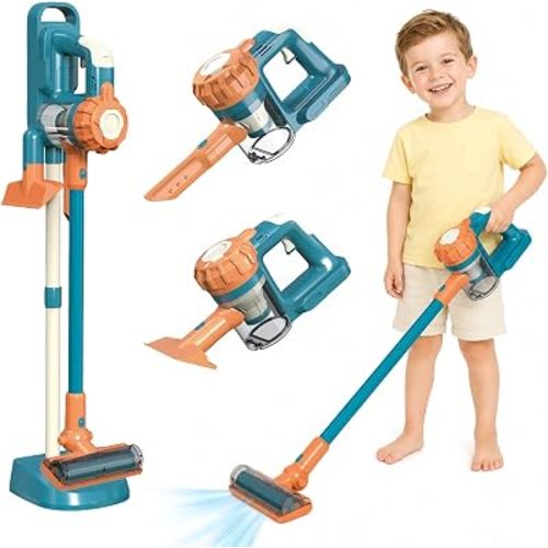 3-in-1 Kids Vacuum that Really Works - Toddler Vacuum Cleaner with Real Suction, Pretend Play Housekeeping & Cleaning Toy Set for Kids Ages 3+ (Blue)