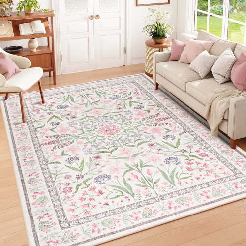 Wondo 6x9 Ft Pink Floral Area Rug - Machine Washable Low Pile Non-Slip Carpet, Boho Vintage Farmhouse Decor for Living Room, Bedroom, Nursery & Office