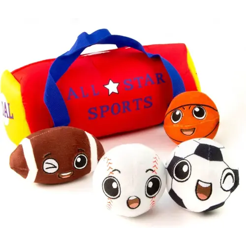 BABY K My First Sports Bag for Baby with 4 Plush Sports Balls - Rattle Balls for Baby with Soft Football, Basketball, Baseball, Tennis Ball & Soccer Ball for 1 Year Old Toys - Baby Toys for Toddler