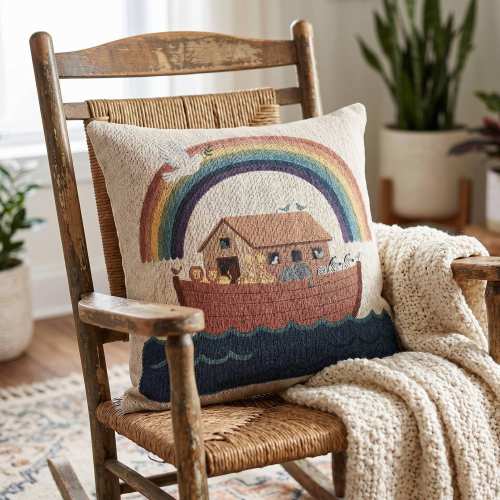 Noah Ark Woven Throw Pillow Grandmillennial Nursery Decor Cute Whimsical Animal Cushion Cottagecore Christian Baby Gift Kids Room Accent