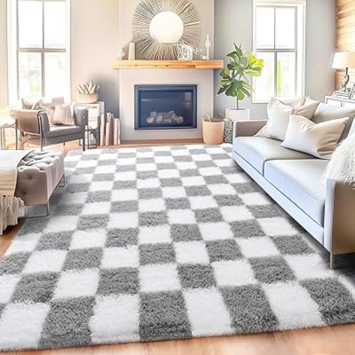 Checkered Rugs for Bedroom, White and Grey Ultra Fluffy Fuzzy Shag Area Rug for Living Room 5x7, Modern Plush Soft Upgrade Non-Slip Carpet for Kids Girls and Boys Room Dorm Nursery Home Decor