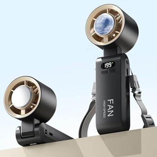 2 Pack Handheld Portable Turbo Fan with Ice Cooler, Speed (1-199) 5500mAh*2 Rechargeable Personal Fan,[20H Cooling Time] Mini Yet Powerful, Small Pocket Fans for Travel/Outdoor/Office, Black Gold